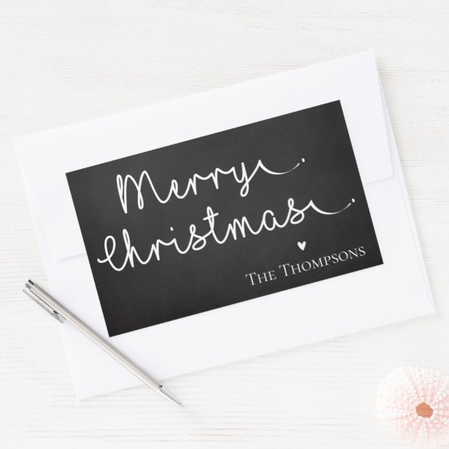 Cute Minimalist Simple Black White Merry Christmas Rectangular Sticker (Envelope)