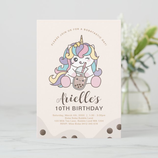 Cute Minimalist Unicorn Boba Bubble Milk Tea Invit Invitation (Standing Front)