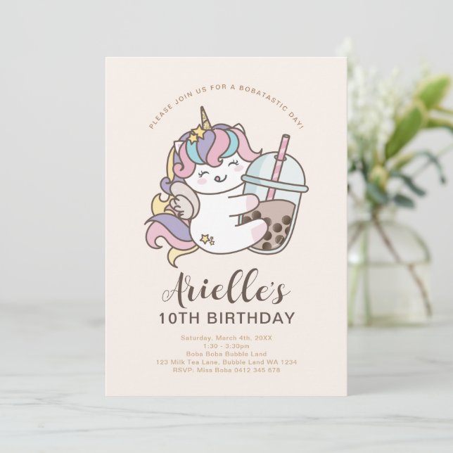 Cute Minimalist Unicorn Boba Bubble Milk Tea Invitation (Standing Front)