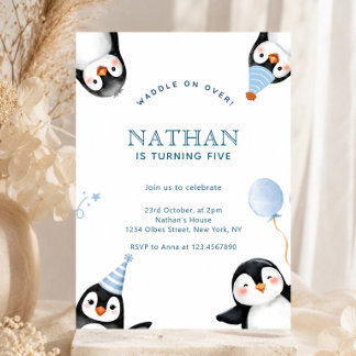 Cute Minimalist Watercolor Penguin Winter Birthday Invitation