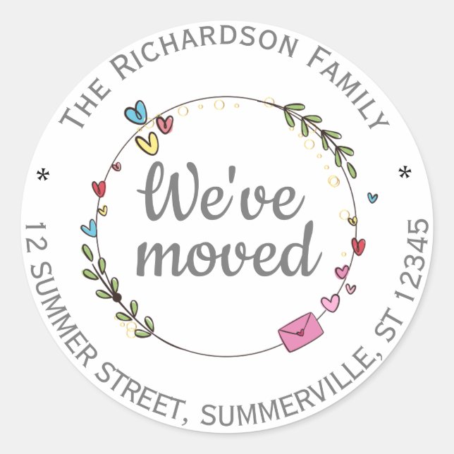 Cute Minimalist We've Moved Change of Address Classic Round Sticker (Front)