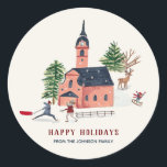 Cute Minimalistic Nordic Winter Village Christmas Classic Round Sticker<br><div class="desc">Cute pink and green featuring a Nordic Alpine ski lodge village with houses and lodge a cute church and lots of people and children having winter fun for Christmas in nature with white snow under the Christmas trees in the mountains. Perfect to invite your loved ones to a Christmas Party....</div>