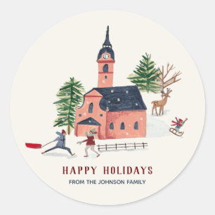 Cute Minimalistic Nordic Winter Village Christmas Classic Round Sticker