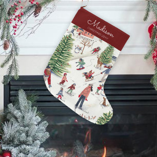 Cute Minimalistic Nordic Winter Village Christmas Large Christmas Stocking