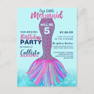 Cute Mint Blue Pink Mermaid Tail Glitter Birthday Invitation Postcard