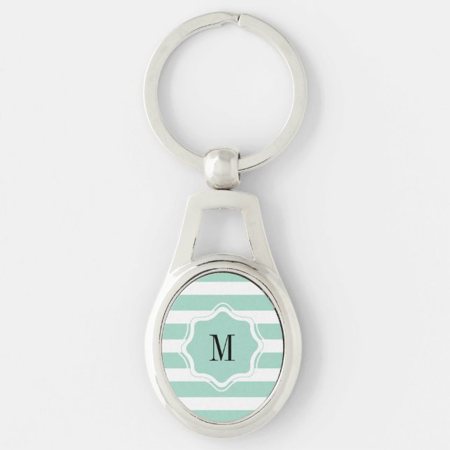 Cute Mint Blue stripe pattern Key Ring (Front)