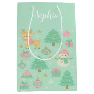 Cute Mint Christmas Deer and Snowman Medium Gift Bag