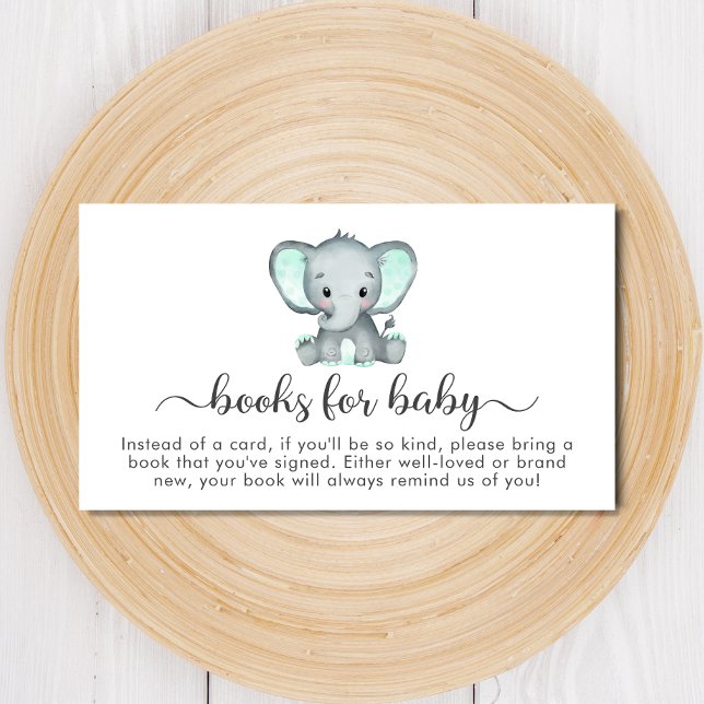 Cute Mint Elephant Books For Baby Shower Enclosure Card (Creator Uploaded)