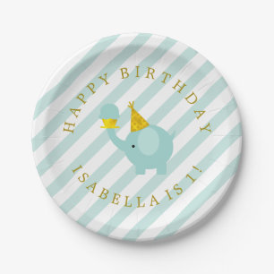 Cute Mint Elephant Personalised Birthday Party Paper Plate
