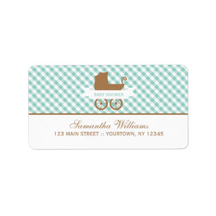Cute Mint Gingham Pattern and Baby Carriage Label