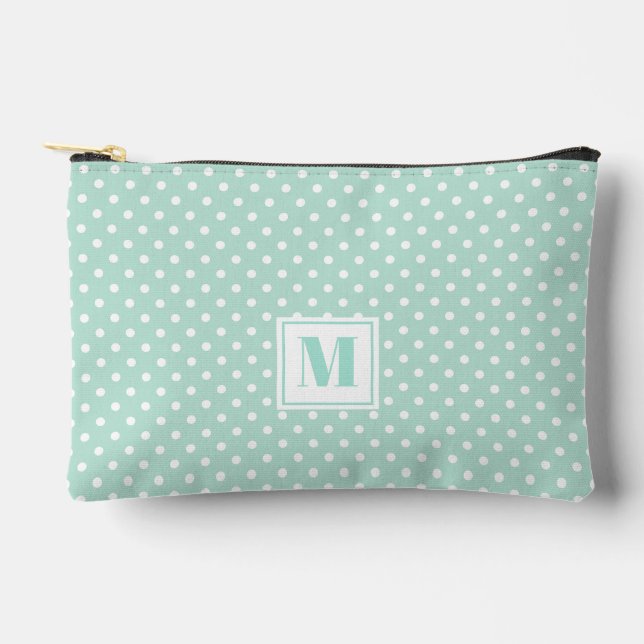 Cute Mint Green and White Polkadots Monogrammed Accessory Pouch (Front)