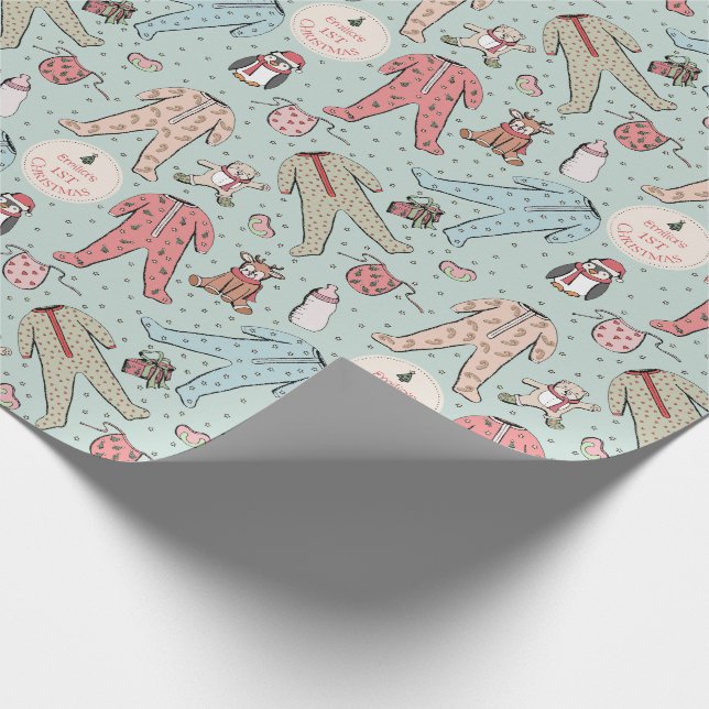 Cute Mint Green Baby's First Christmas Custom Wrapping Paper (Corner)