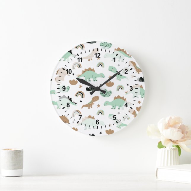 Cute Mint Green Dinosaur Pattern Large Clock (Home)