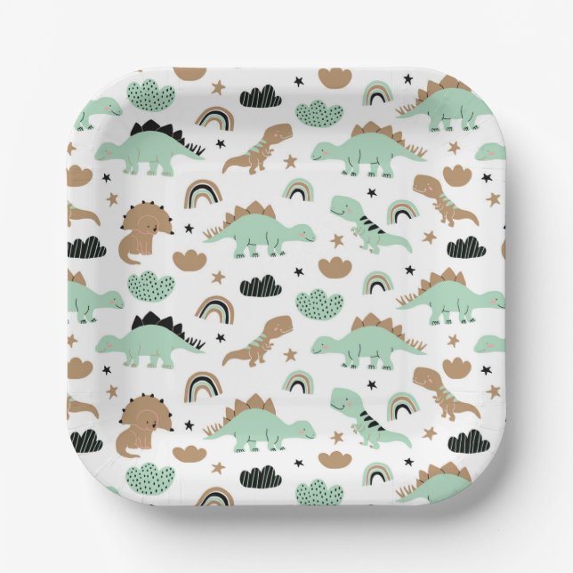 Cute Mint Green Dinosaur Pattern Paper Plate (Front)
