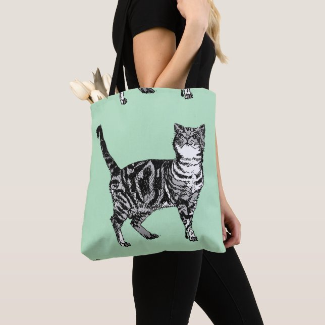 Cute Mint Green Girls Tabby Cat Grocery Tote Bag (Close Up)