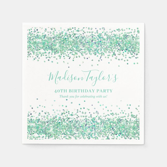 Cute Mint Green Glitter Sparkle Confetti Birthday Napkin (Front)