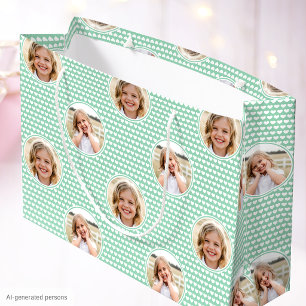 Cute Mint Green Hearts Kids Birthday Photo Large Gift Bag