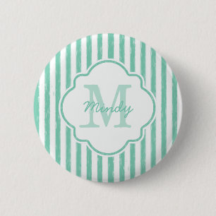 Cute Mint Green Painted Stripes Monogram and Name 6 Cm Round Badge