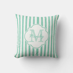 Cute Mint Green Painted Stripes Monogram and Name Cushion