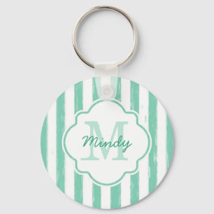 Cute Mint Green Painted Stripes Monogram and Name Key Ring