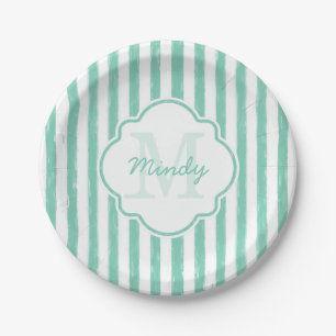 Cute Mint Green Painted Stripes Monogram and Name Paper Plate