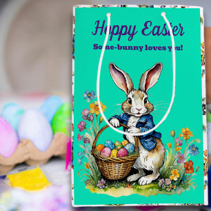 Cute Mint Green Watercolor Vintage Easter Bunny Medium Gift Bag