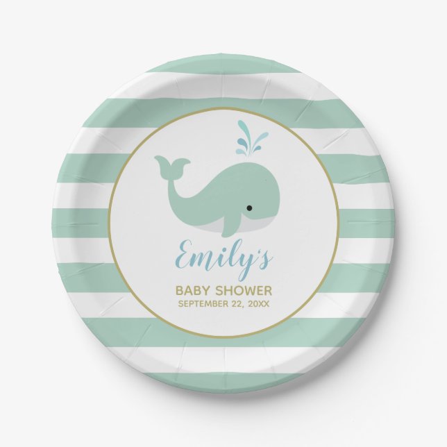 Cute Mint Green Whale Baby Shower Paper Plate (Front)