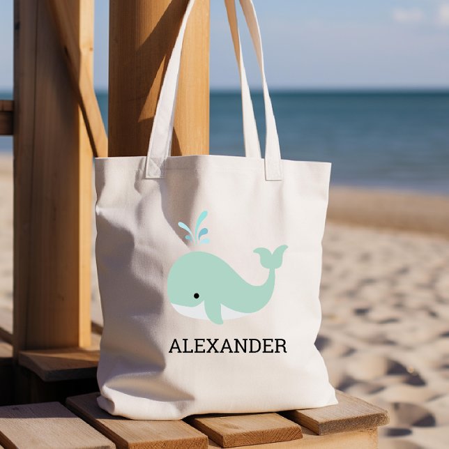 Cute Mint Green Whale Kids' Personalised Tote Bag (Creator Uploaded)