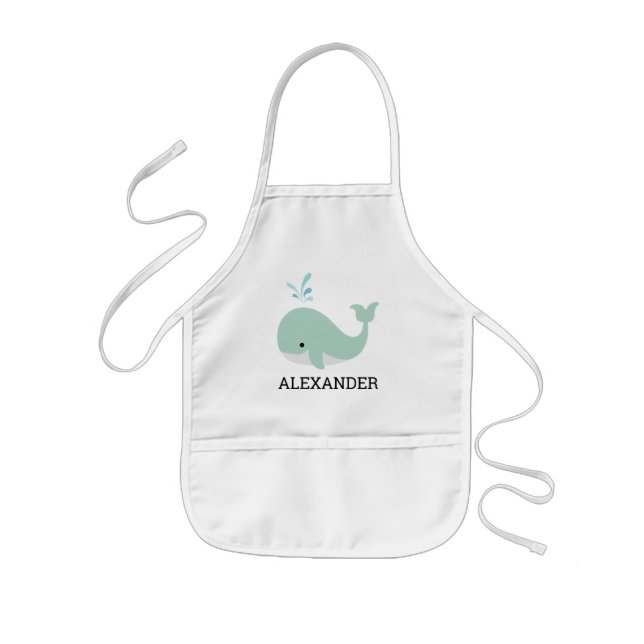 Cute Mint Green Whale Personalised Kids Apron (Front)