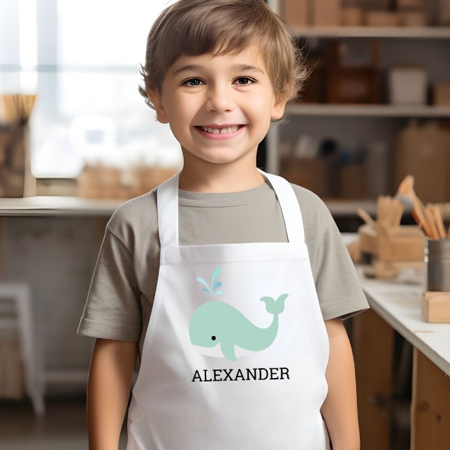 Cute Mint Green Whale Personalised Kids Apron (Creator Uploaded)