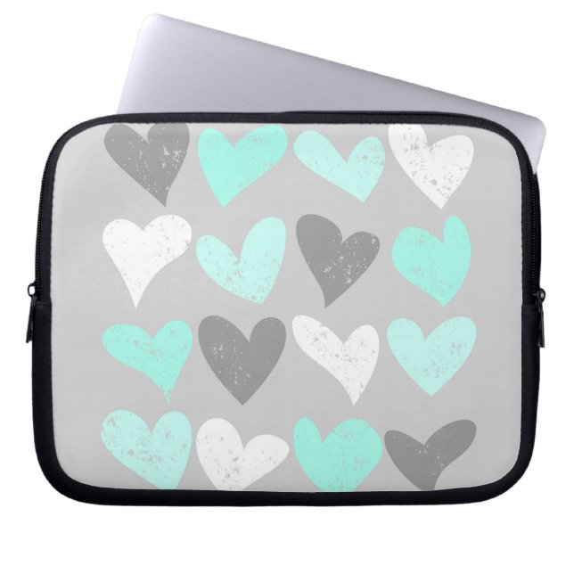 Cute mint grey love hearts laptop sleeve (Front)