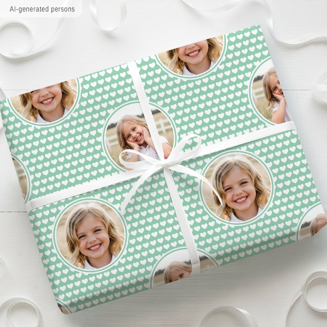 Cute Mint Hearts Kids Birthday Photo Wrapping Paper (Creator Uploaded)