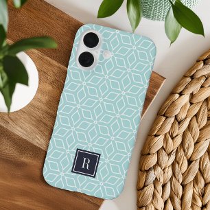 Cute Mint & Navy Geometric Pattern Monogram iPhone 16 Case