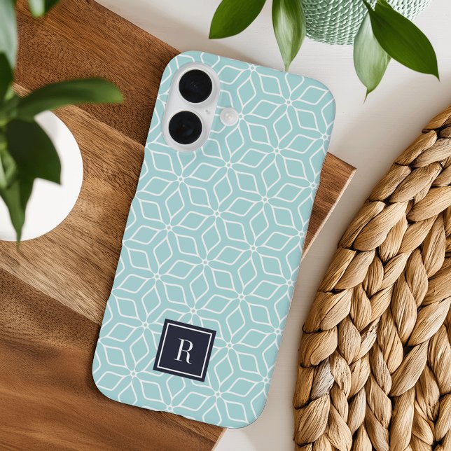 Cute Mint & Navy Geometric Pattern Monogram Case-Mate iPhone Case (Creator Uploaded)
