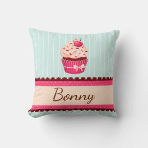 Cute Mint Pink Cupcake With Sprinkles Custom Name Cushion
