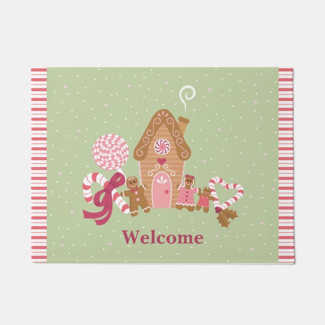 Cute Mint Pink Gingerbread Candy Door Mat (Front)