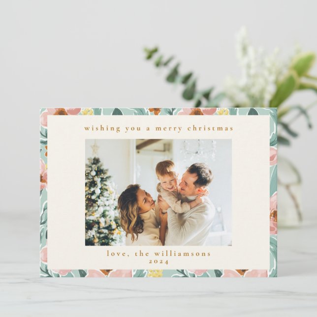 Cute Mint Sage Blush Pink Floral Christmas Photo Holiday Card (Standing Front)