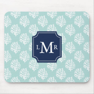 Cute Mint Summer Pattern and Blue Monogram Mouse Mat