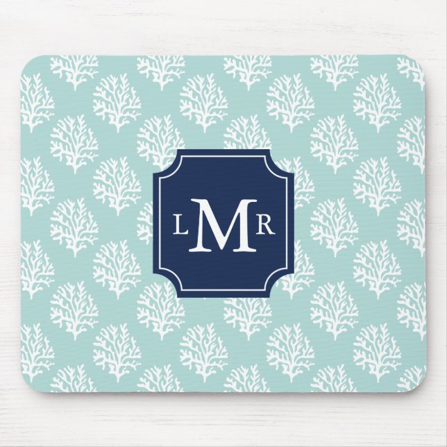 Cute Mint Summer Pattern and Blue Monogram Mouse Mat (Front)