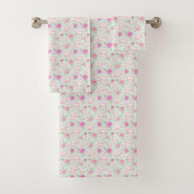 Cute Mint Tea Cups And Roses Pattern Bath Towel Set (Insitu)