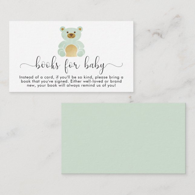 Cute Mint Teddy Bear Books For Baby Shower Enclosure Card (Front/Back)