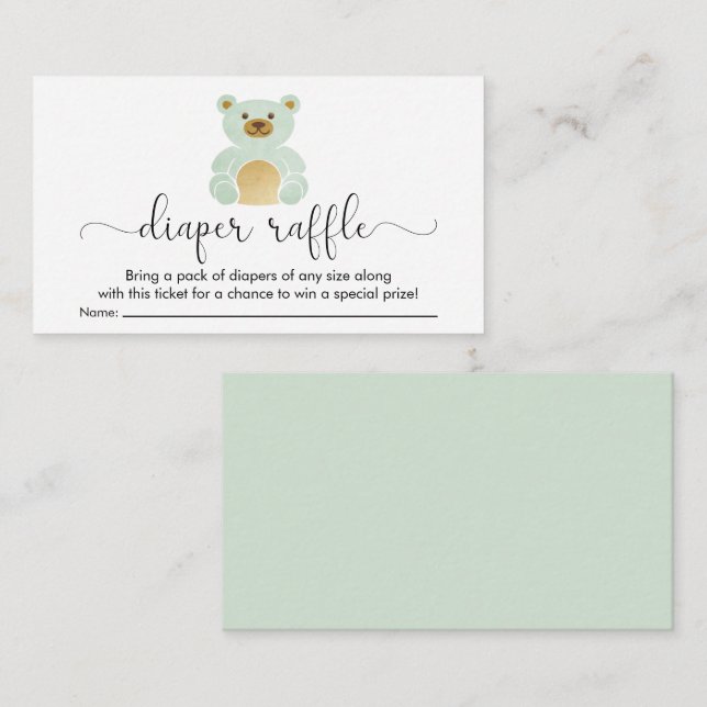 Cute Mint Teddy Bear Diaper Raffle Baby Shower Enclosure Card (Front/Back)