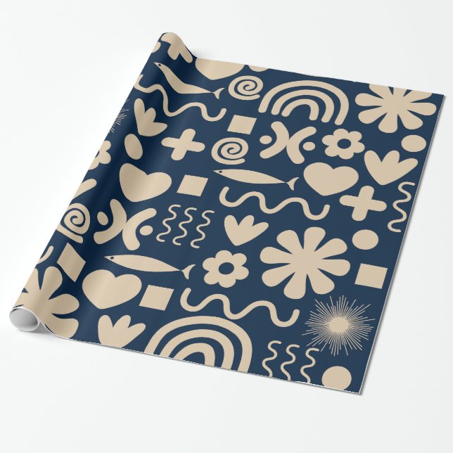Cute Miscellany Dark Blue Scandi Pattern Wrapping Paper (Unrolled)