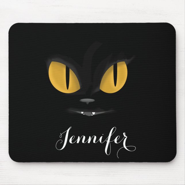 Cute Mischievous Black Cat with Fangs Personalised Mouse Mat (Front)