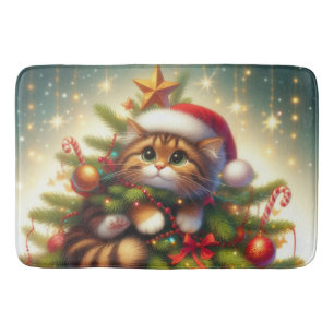 Cute, mischievous cat in the Christmas tree Bath Mat