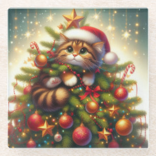 Cute, mischievous cat in the Christmas tree Glass Coaster