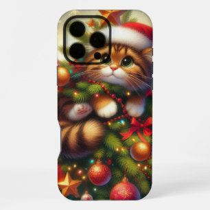 Cute, mischievous cat in the Christmas tree iPhone 16 Pro Max Case