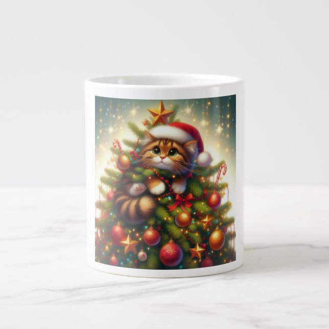 Cute, mischievous cat in the Christmas tree Large Coffee Mug (Front)