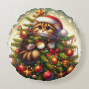 Cute, mischievous cat in the Christmas tree Round Cushion