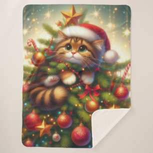 Cute, mischievous cat in the Christmas tree Sherpa Blanket